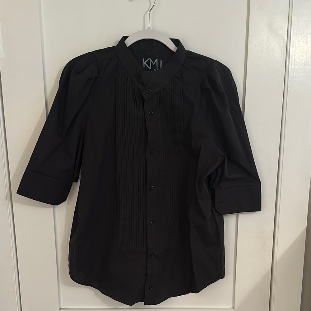KMJ Tuxedo cotton button down top with puff sleeves.